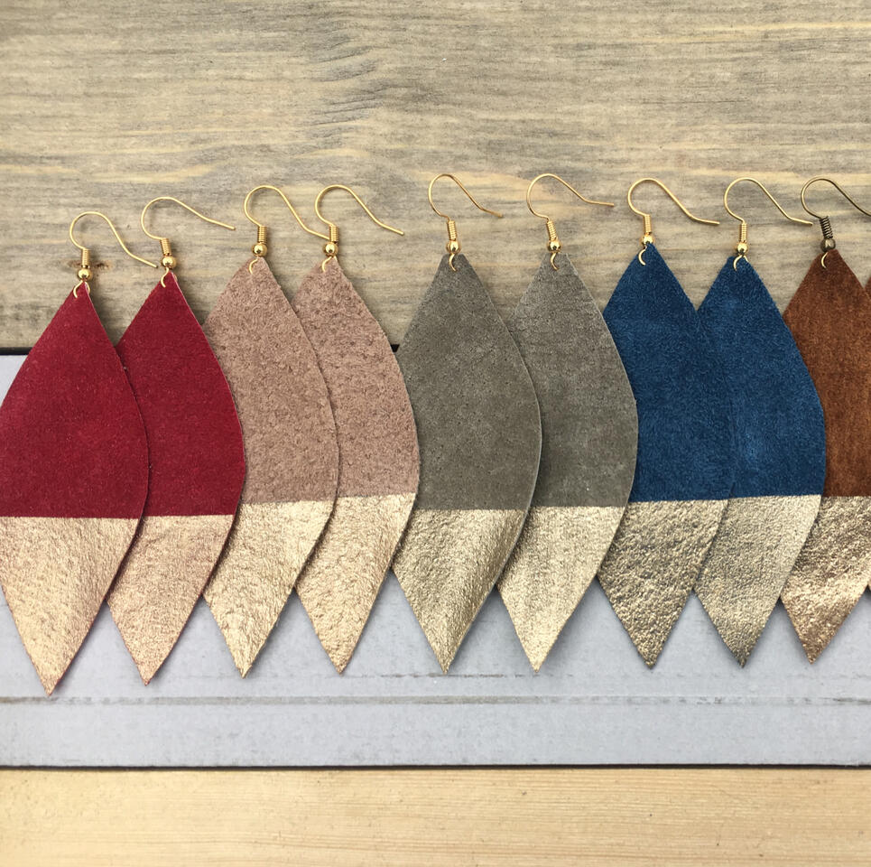 Gold Dipped Leather Feather Earrings